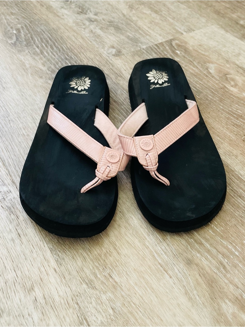 Yellow Box Pink Strap Black Footbed Thong Sandals
